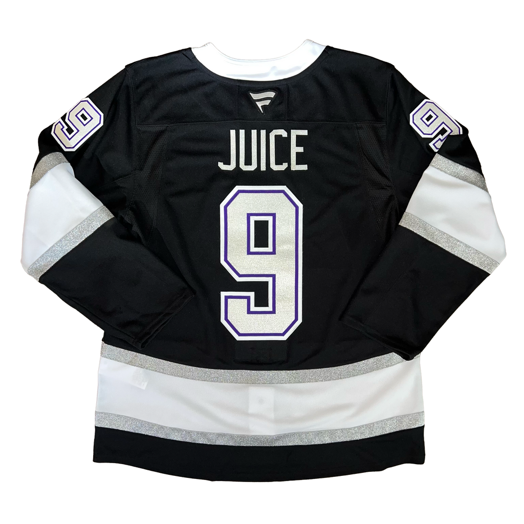 Black hockey jersey with 'Juice' and number '9' on a white background